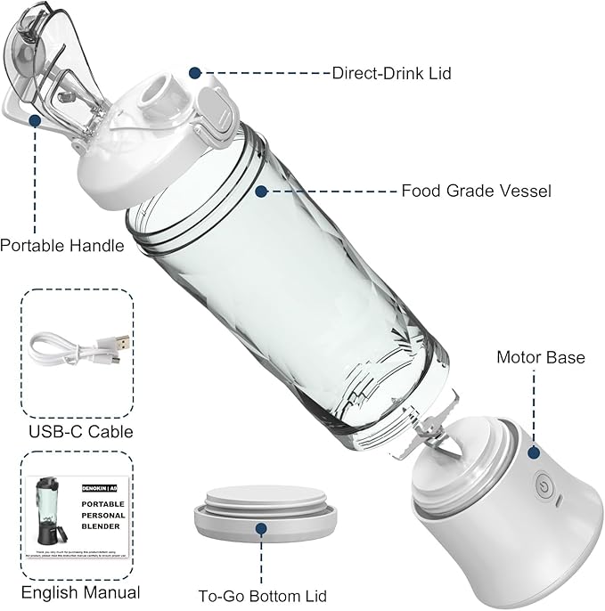 DENOKIN Portable Blender, Shakes and Smoothies Cordless Personal Size Blender 20oz with 6 Blade and a Travel Lid (Apple White)