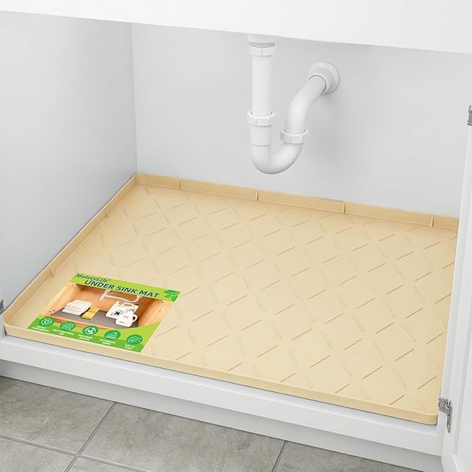 Mateeylife Under Sink Mats for Kitchen Waterproof 22"X19", Undersink Protectors，Silicone Mat Cabinet Liner, Under Sink Organizer for Bathroom and Kitchen，Boot Tray Pet Food Mat, Khaki