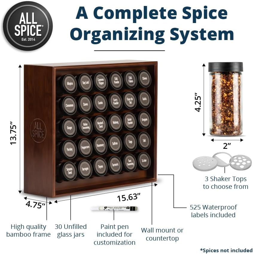 Spice Rack Organizer, Wood, 525 Unique Labels, Countertop or Wall Mount, Includes 30 4oz Jars- Walnut Stain