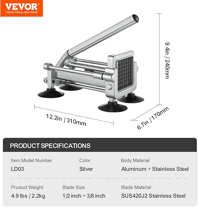 VEVOR French Fry Cutter, Potato Slicer with 1/2-Inch and 3/8-Inch Stainless Steel Blades, Manual Potato Cutter Chopper with Suction Cups, Great for Potato, French Fries, Cucumber, Vegetables, Carrot