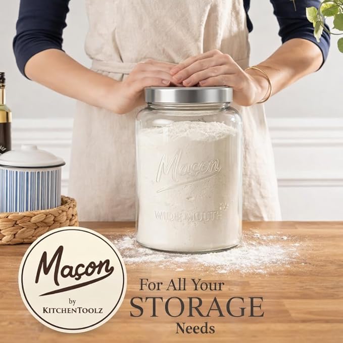 Kitchentoolz Extra Large Mason Jar - 1 Gallon Glass Wide Mouth Jar with Airtight Metal Screw on Lid, Food Storage Container with Measurement Marks For Kitchen Pantry, Pickling, Flour & Sugar Pack of 1