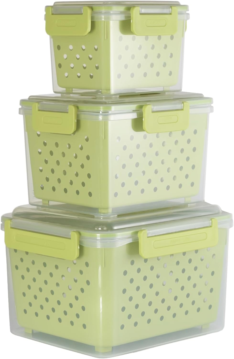 Set of 3 Fruit Storage Containers for Fridge with Removable Colander and Handle Lid, 4.6qt|2.5qt|1qt Dishwasher Microwave Safe, Keep Berry Fresh Longer (Light Green)