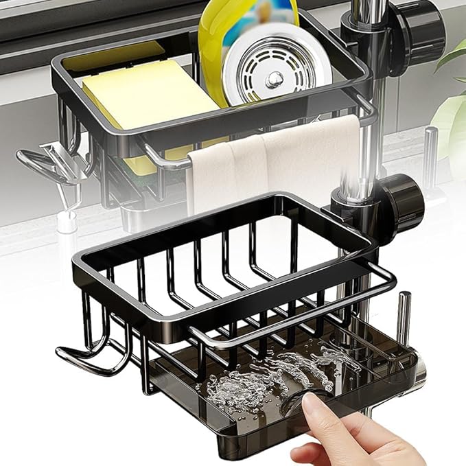 BusyLive Kitchen Sink Faucet Organizer,2024 New Sink Drain Rack Sponge Storage, Adjustable Detachable Sponge Holder for Kitchen Faucet, Sink Drain Holder for Soap, Shampoo, Shower Shelf (Left)