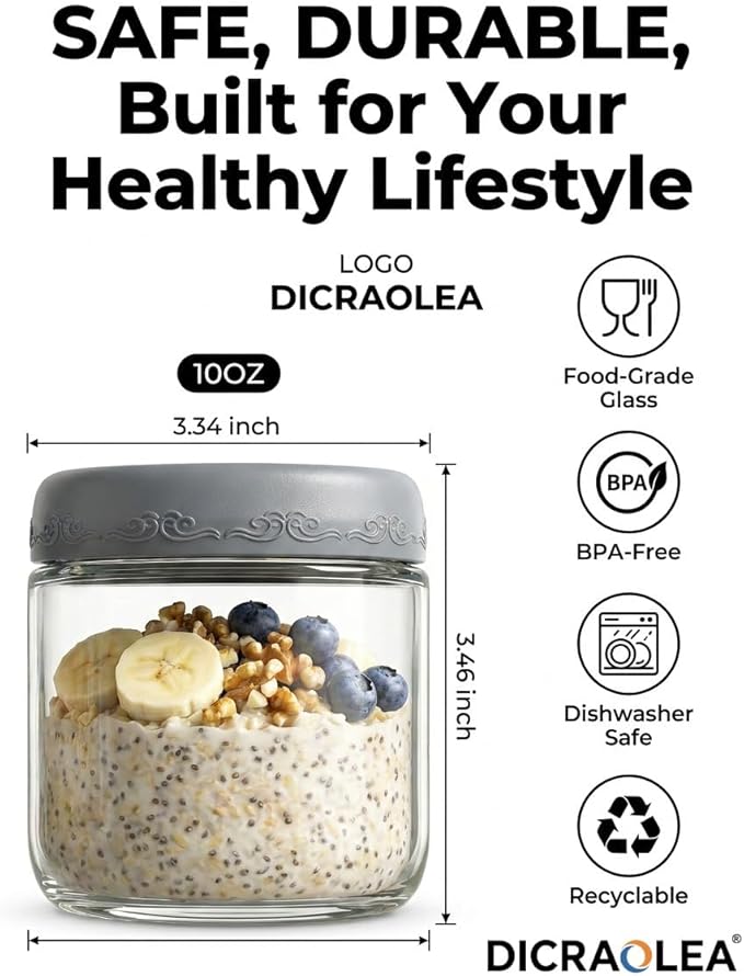 10oz 4Pack Glass Overnight Oats Jars Containers with Airtight Leakproof Lids, Reusable Mason Jars for Meal Prep, Yogurt Parfaits, Smoothies, Salads & Healthy Breakfasts (10 OZ-4-1)