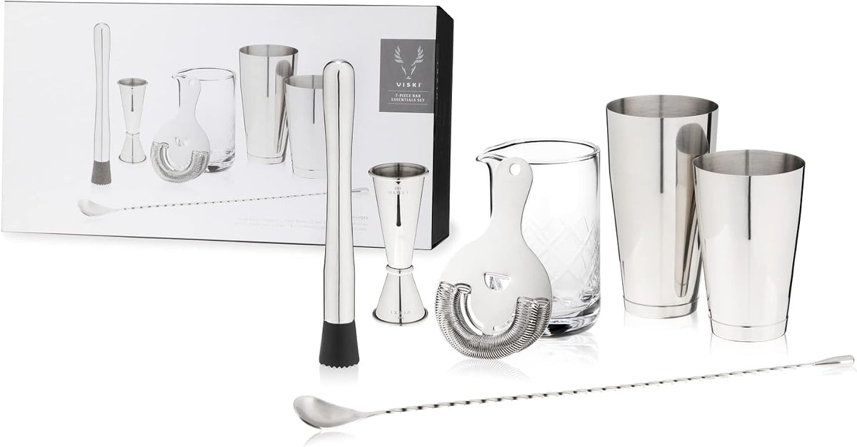 Bartender Kit for Mixed Drinks and Cold Brew Cocktails, Includes Boston Cocktail Shakers, Mixing Glass, Jigger, Muddler, Strainer, Bar Spoon for Home Bar, Gifts for Men, Bartender Gifts, 7-Piece