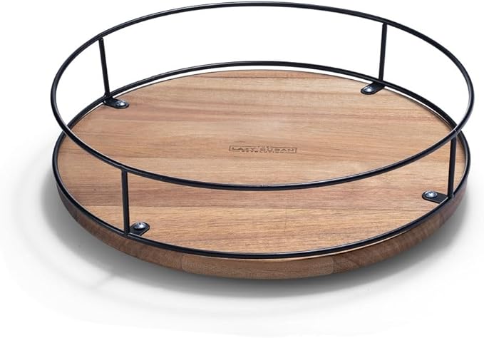 12" Acacia Wood Lazy Susan Revolution Turntable w/Black Wire – Rotating Kitchen Organizer for Table, Pantry, or Cabinet, Rustic Wood Finish, 360° Spin