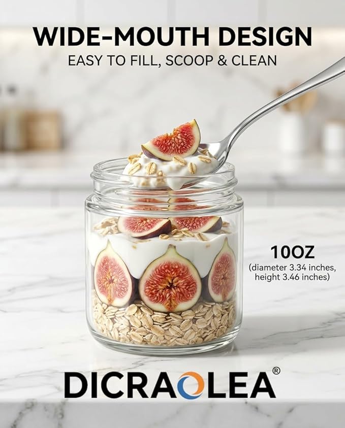 10oz 4Pack Glass Overnight Oats Jars Containers with Airtight Leakproof Lids, Reusable Mason Jars for Meal Prep, Yogurt Parfaits, Smoothies, Salads & Healthy Breakfasts (10 OZ-4-1)