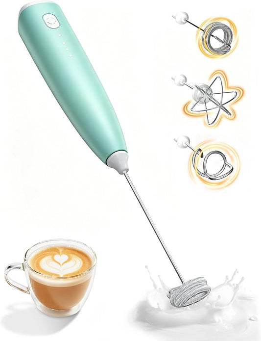 Portable Milk Frother Handheld,Electric Drink Mixer & Wand, 3 Detachable Stainless Steel Whisks, 3 Adjustable Speeds Quiet, USB C Rechargeable for Coffee, Latte, Matcha, Home & Kitchen (Light green)