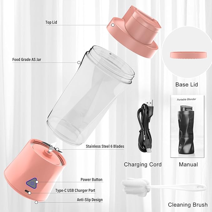 Portable Blender, 360W Personal Blender for Shakes and Smoothies for Kitchen, 24 Oz BPA Free Traveling Juicer Cup and Lid with 6 Blades, Self Cleaning Portable Juicer for Kitchen/Travel/Gym, Pink