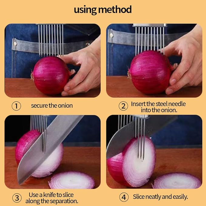 Onion Holder for Slicing, Stainless Steel Onion Slicer and Chopper, Lemon Slicer Vegetable Cutter Kitchen Tool, Food Slicing Assistant for Meat, Tomato, Potato, Lemon (1 Pack)