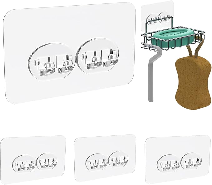 Sponge Holder Adhesive Replacement Hooks, Soap Dish Adhesive Strips, Toothbrush Holders Sticker, Kitchen Sink Caddy Adhesive Hooks, Shower Wall Mounts Tape Sticky Pads Clear Clips 4 Pack