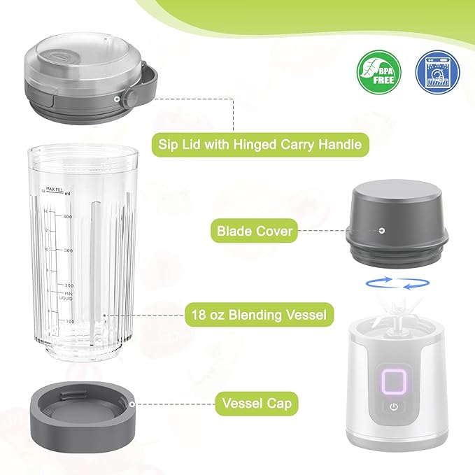 18 oz Vessel Cup Compatible with Ninja Blast Portable Blender, Accessories Sip Lid with Carry Handle, Bottom Cap and Blade Cover Fits for BC150/ BC100 Series Blender (Gray)