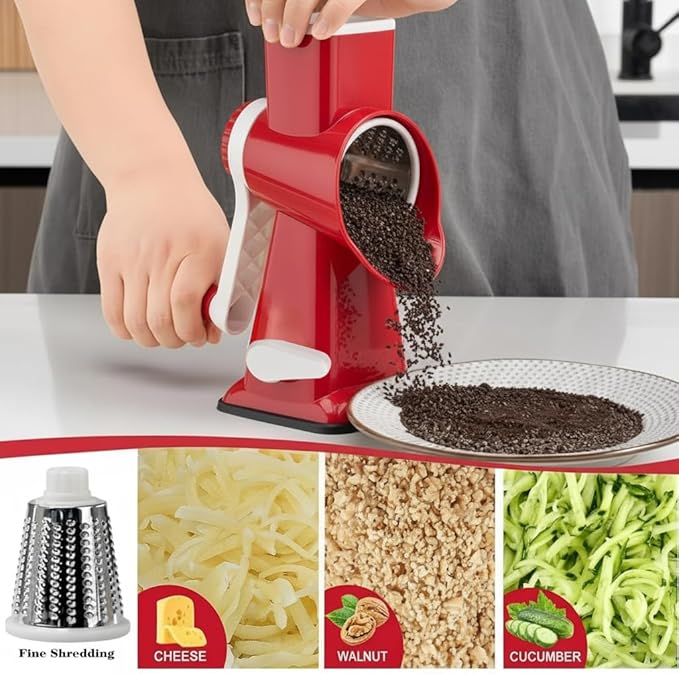 YOUCZON Rotary Cheese Grater Multi-Purpose Stainless Steel Cheese Shredder - Cheese Grater With Handle Effortless Grating of Carrots, Potatoes, Vegetables, and Fruits (Red)