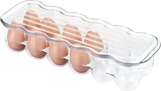 mDesign Stackable Plastic Covered Egg Tray Holder, Storage Container and Organizer for Refrigerator - Dozen-Section Carrier Bin with Lid and Handle - Holds 12 Eggs - Clear