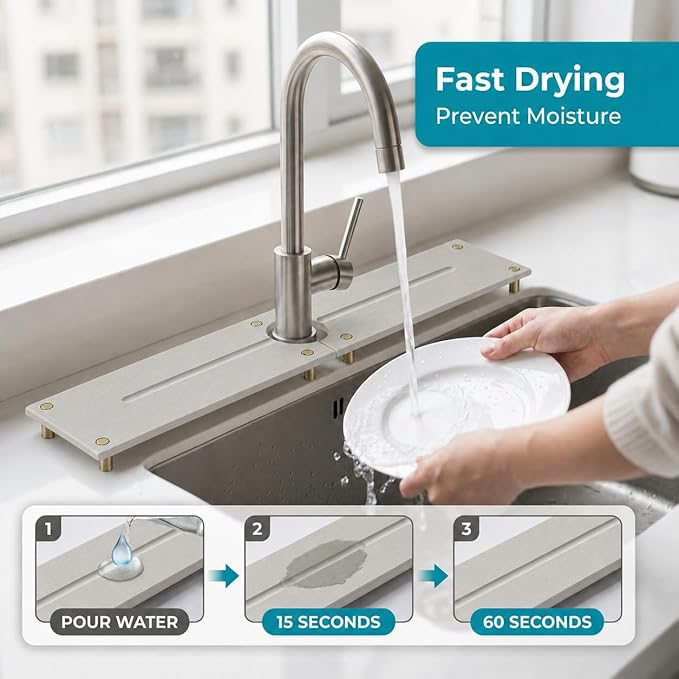 Stone Faucet Mat for Kitchen Sink, Water Absorbing Sink Tray Organizer for Bathroom Counter, Diatomite Soap Dish Coaster Caddy Riser, Sponge Holder Dispenser Mat, Gold Beige, 23.6" x 4"