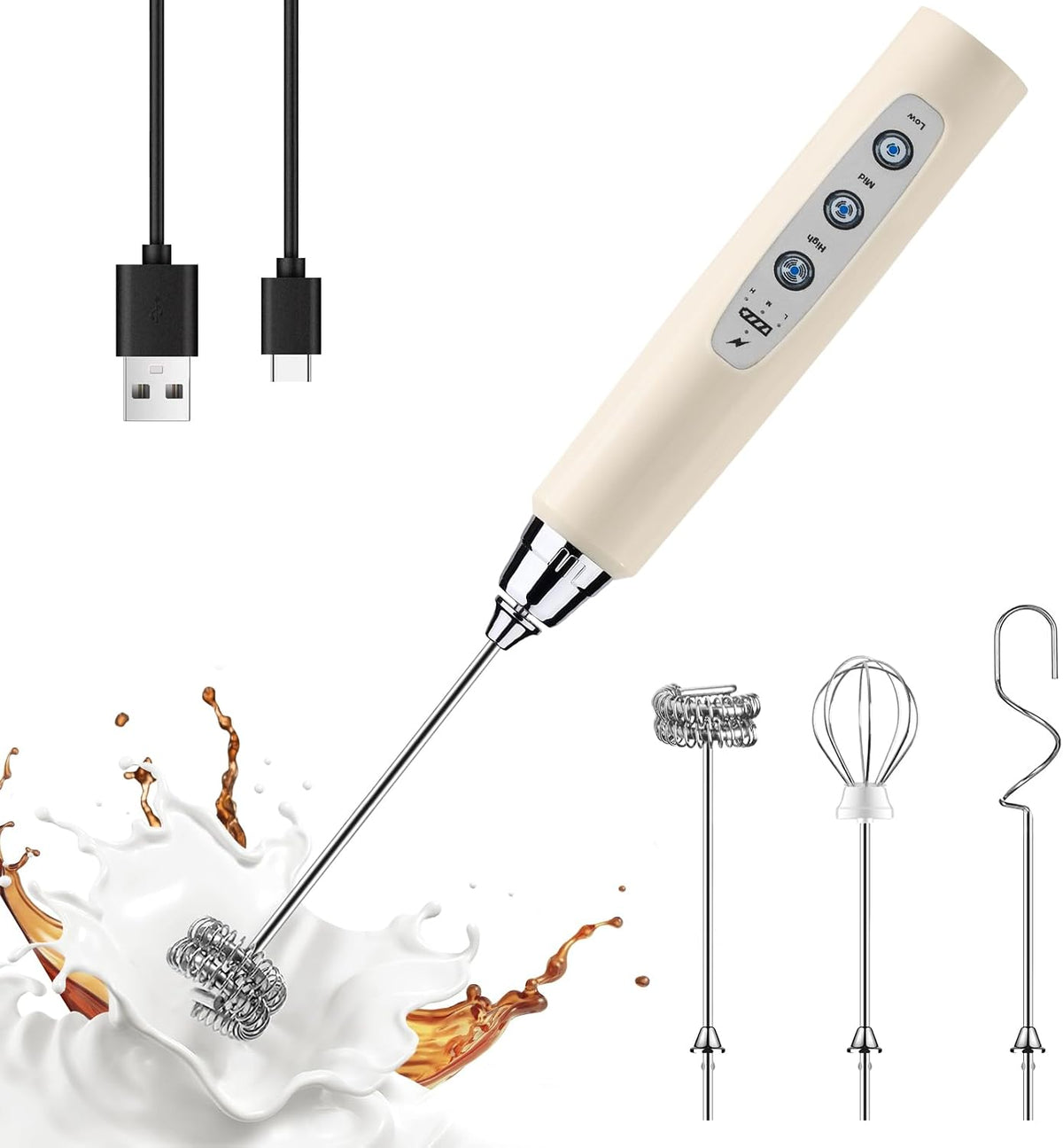 Handheld Milk Frother Wand for Coffee, Rechargeable Electric Whisk