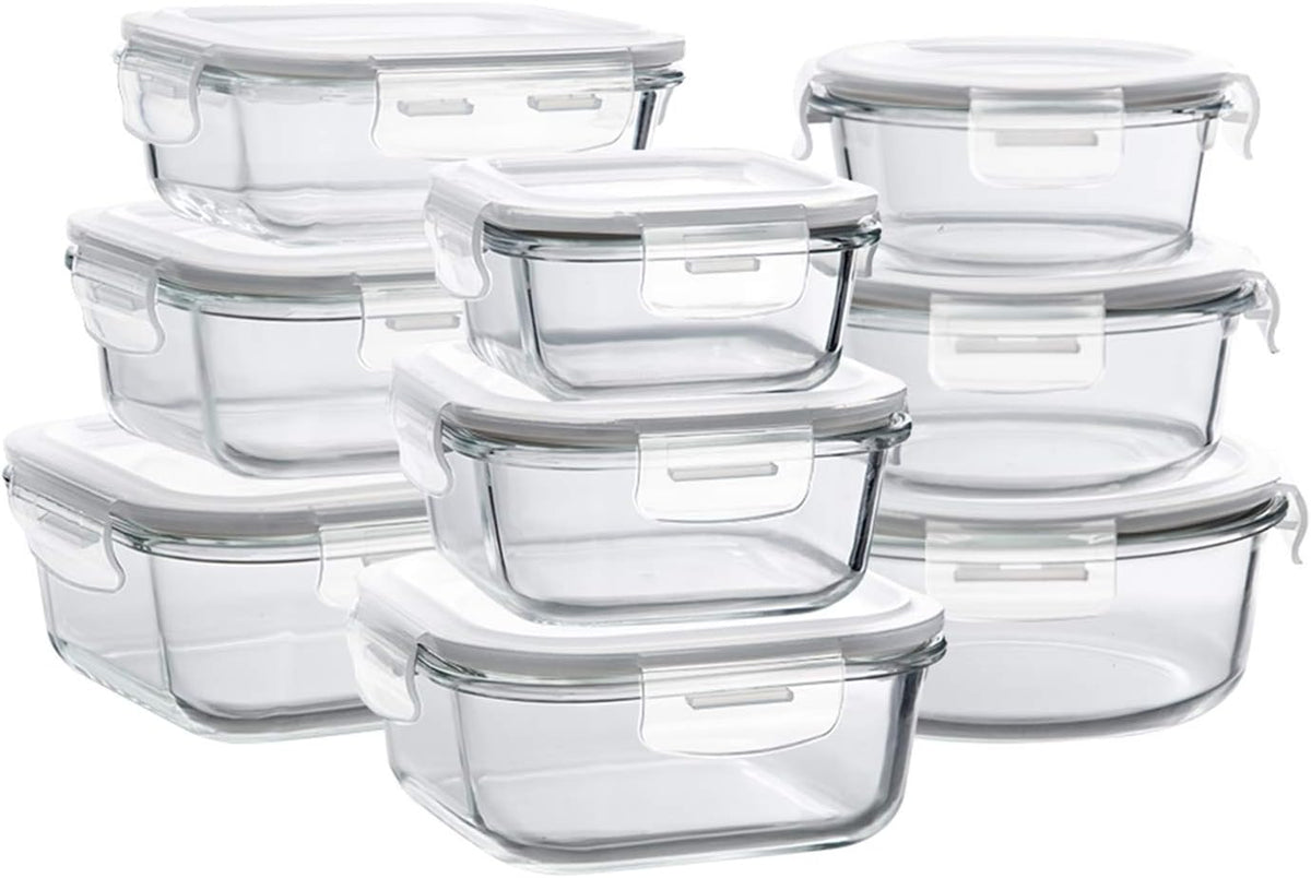 18 Piece Glass Food Storage Containers with Snap Locking Lids for Meal Prep