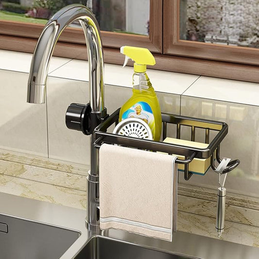 Black Faucet Sponge Holder - 6 Towel Rack Organizer for Sink