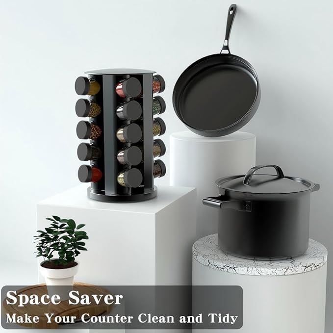 Handisen Rotating Spice Rack Organizer for Cabinet, Spice Racks Storage with 20 Jars, Spinning Spice rack for Kitchen Countertop, Spice Holder,Seasoing Storage Racks, Black