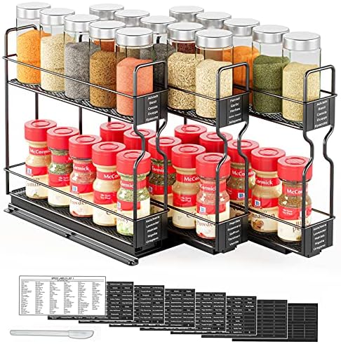 Pull Out Spice Rack Organizer for Cabinet, Heavy Duty Slide Out Seasoning Kitchen Organizer, Cabinet Organizer, with Labels, 7.7" W x10.75 D x10 H, 3 Drawers 2-Tier