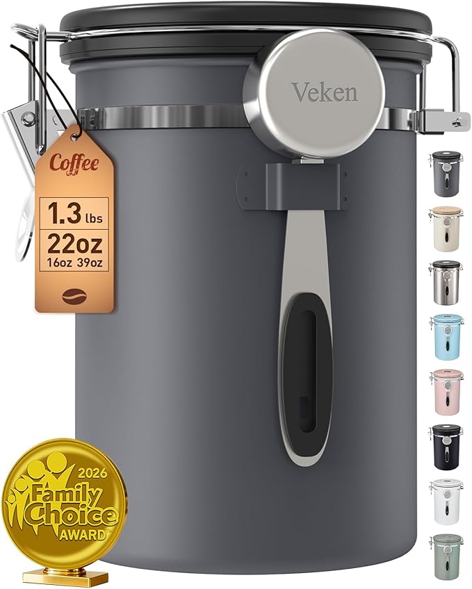 Veken Coffee Canister, Airtight Stainless Steel Kitchen Food Storage Container with Date Tracker and Scoop for Grounds Coffee, Beans, Tea, Flour, Cereal, Sugar, 22OZ, Gray