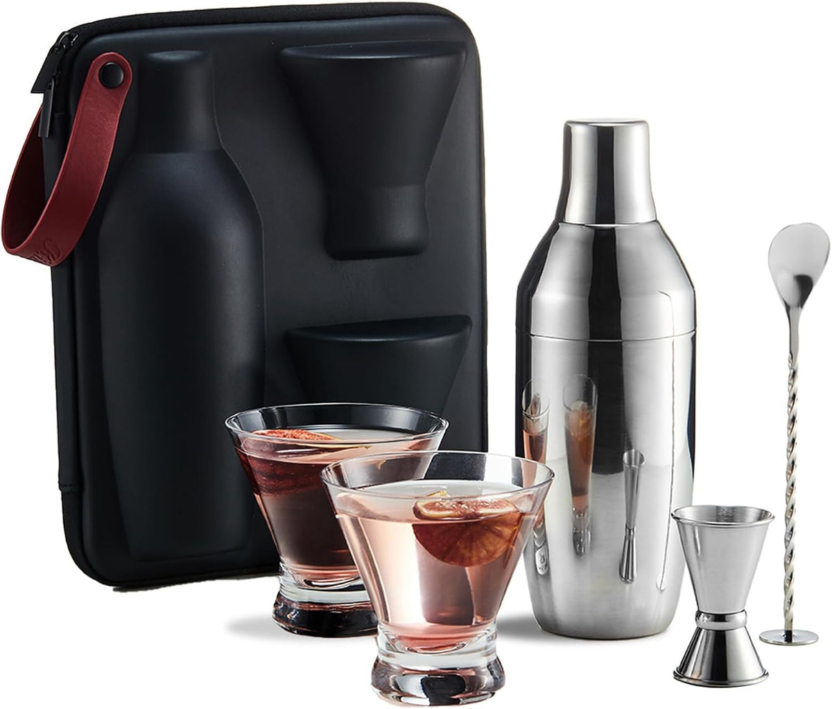 Cocktail Shaker Set with to-Go Carry Case & 2 Martini Glasses
