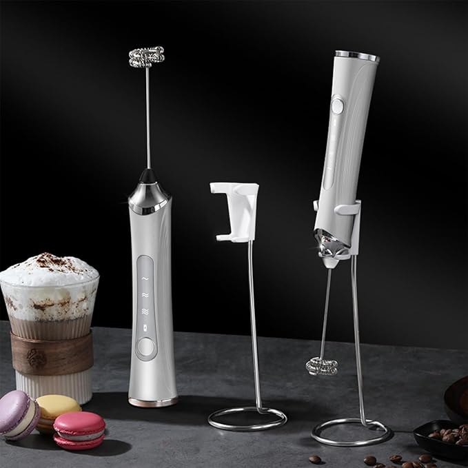 Rechargeable Milk Frother Handheld For Coffee,3 Speeds Frother Wand With Stand, Batidora De Mano Electrica,Coffee Frother With 2 Heads,Drink Mixer Electric Handheld,Kitchen Essentials (Silvery)