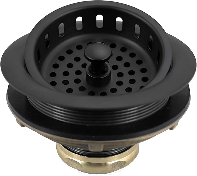 Westbrass A2165-62 4-1/4" OD Post Style Large Kitchen Basket Strainer with Waste Disposal Flange and Stopper Drain Set, Matte Black