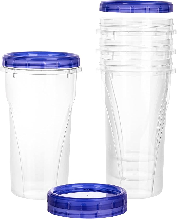 PLASTICPRO 48 Ounce Twist Top Deli Containers Clear bottom With Blue Top Twist on Lids Reusable, Stackable, Food Storage Freezer Container Pack of 4 (Blue)