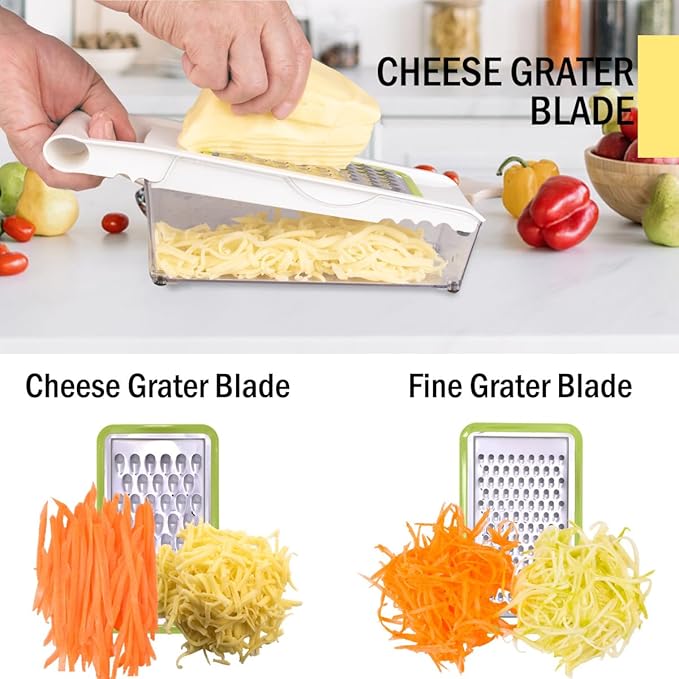 NACOLUS Cheese Grater with Container,5 In 1 Mandoline Slicer for Kitchen,Multi Purpose Vegetable Slicer, Easy to Clean Vegetable Chopper,Cheese Shredder,Julienne Slicer and Peeler
