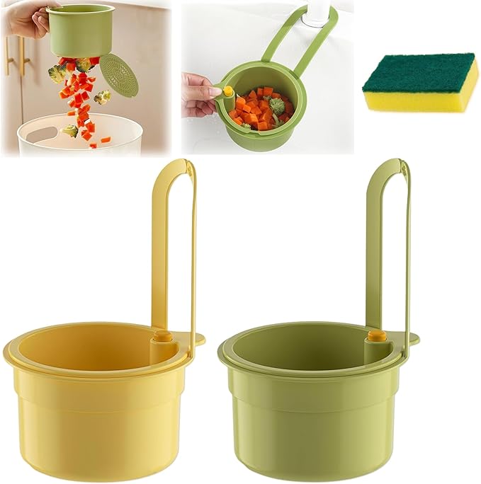 2PCS Hanging Kitchen Sink Strainer Baskets, Faucet Hanging Strainer, Corner Food Catcher, Sink Protector, Press Dumping Food Waste Catcher, Kitchen Sink Drain Strainer with Dish Sponge (Green+Yellow)