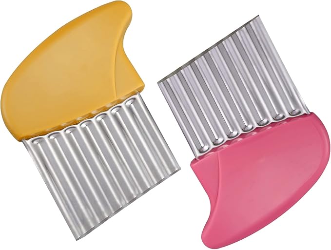 Crinkle Cutter, Stainless Steel Waffle Fry Cutter, Wavy Chopper for Veggies Potato Carrots Butter Lettuce, 2 PCS (Pink&Yellow)