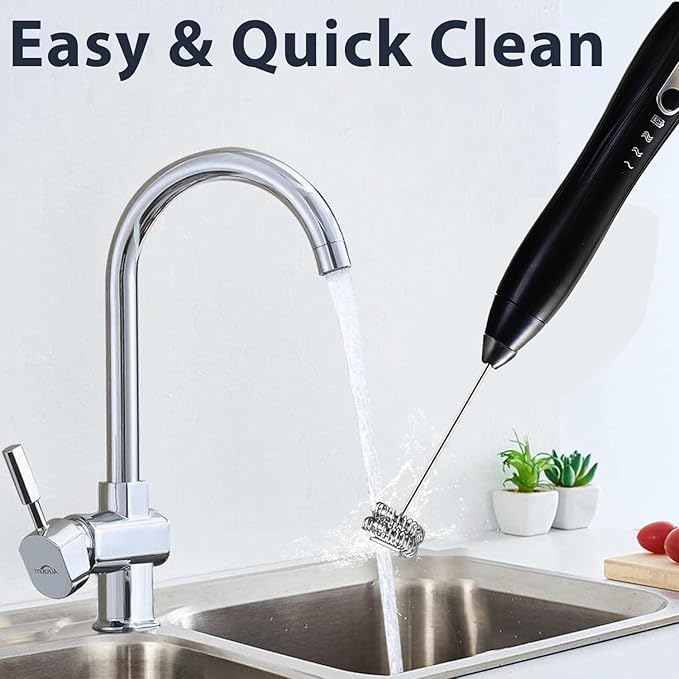 Rechargeable Handheld Milk Frother with Stand, Coffee Foam Frother Wand, Detachable Stainless Steel Whisk Drink Mixer for Coffee, Cappuccino, Lattes, Frappe, Matcha,Egg and Hot Chocolate (Black)