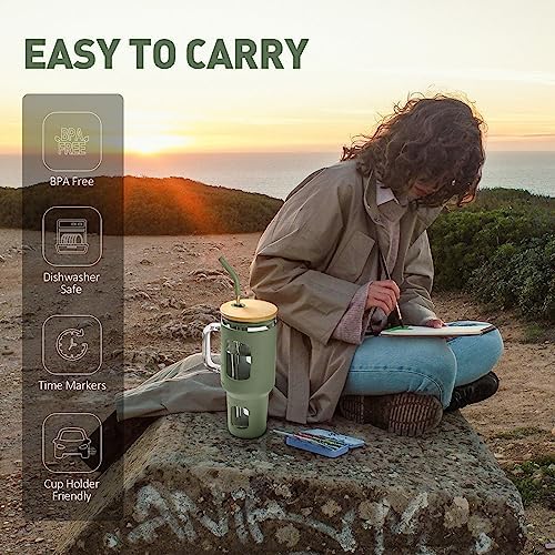 Glass Tumbler with Straw and Lid, 40 oz, Olive