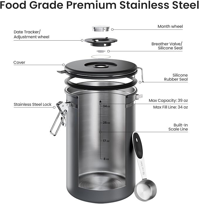 Veken Coffee Canister, 39OZ Large, Airtight Stainless Steel Food Storage Container for 2.2lbs Coffee Beans, Ground, Sugar,Espresso,Rice,Tea,Flour,Cereal, Kitchen Bar Accessories, Lids, Jars,Gifts,Gray