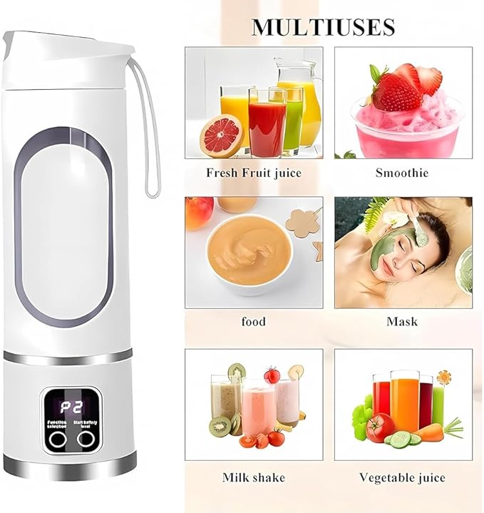 Digital Multimode Juicer Blender - Smart LED Display, Diet-Friendly，Leak Proof Design for Smoothies Liquid Diet, Shakes & Food, 12 Blades | 3-Speed 450ml Portable Blender (White)