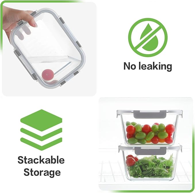 HOMBERKING 4 Pieces 63oz/8cup Large Glass Food Storage Containers with Lids, Meal Prep Containers, Airtight Bento Boxes with Leak Proof Locking (2 Containers 2 Lids), Microwave,Oven,Fridge Safe-Grey