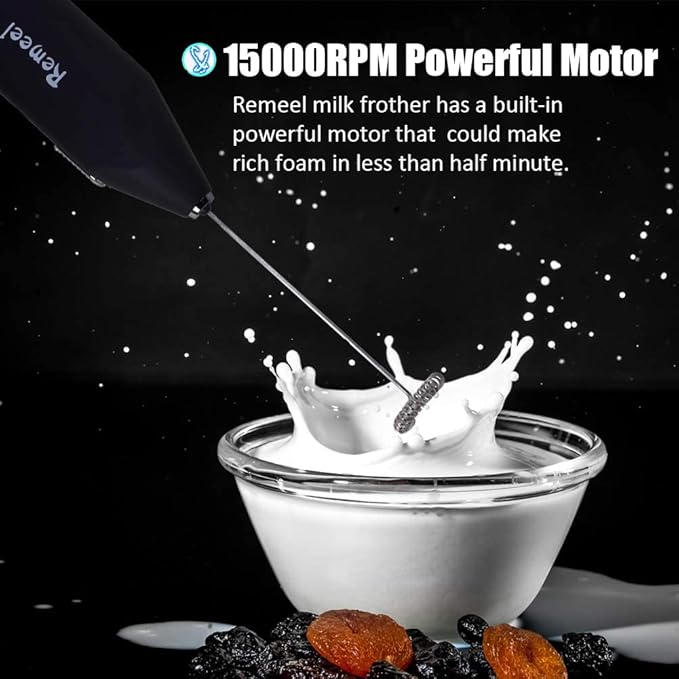 Handheld Milk Frother with Stainless Steel Whisk, Portable and Powerful Foam Maker for Morning Coffee, Latte, Cappuccino, Hot Chocolate (Black)