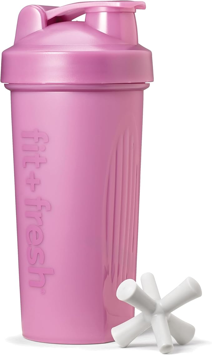 Fit & Fresh Shaker Bottle, Leak Proof Sports Blender Bottle for Protein Mix For Women, Durable Protein Shaker Cup 24 oz.with Unique Agitator for Smooth Mixing, Mauve