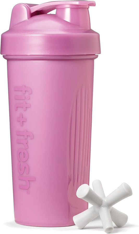 Fit & Fresh Shaker Bottle, Leak Proof Sports Blender Bottle for Protein Mix For Women, Durable Protein Shaker Cup 24 oz.with Unique Agitator for Smooth Mixing, Mauve
