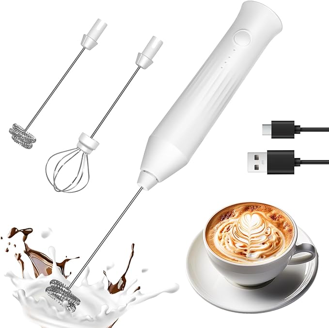 Rechargeable Milk Frother Handheld, Electric Frother Wand with 2 Stainless Stee Whisks & 3 Speeds,Drink Mixer Handheld for Coffee, Latte, Cappuccino, Matcha, Protein Shakes-White