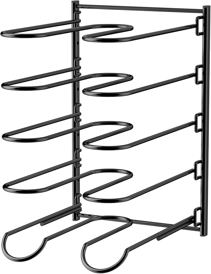 JAQ Pots and Pans Organizer, 13.18 inch Heavy Duty Pot Lids Rack Holder Adjustable Height for Muffin Tins, Baking Sheets, Skillets,Cookware,Bakeware in Cabinets Shelf Countertop Pantry-Black