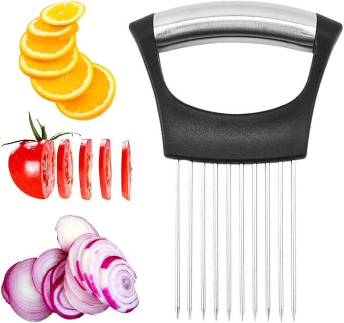 2025 New Onion Holder for Slicing, Stainless Steel Onion Slice Holder Lemon Slicer Vegetable Cutter, Kitchen Gadgets Chopper Slicing Assistant Tool for Meat, Onion, Potato, Tomato (1 Pcs)
