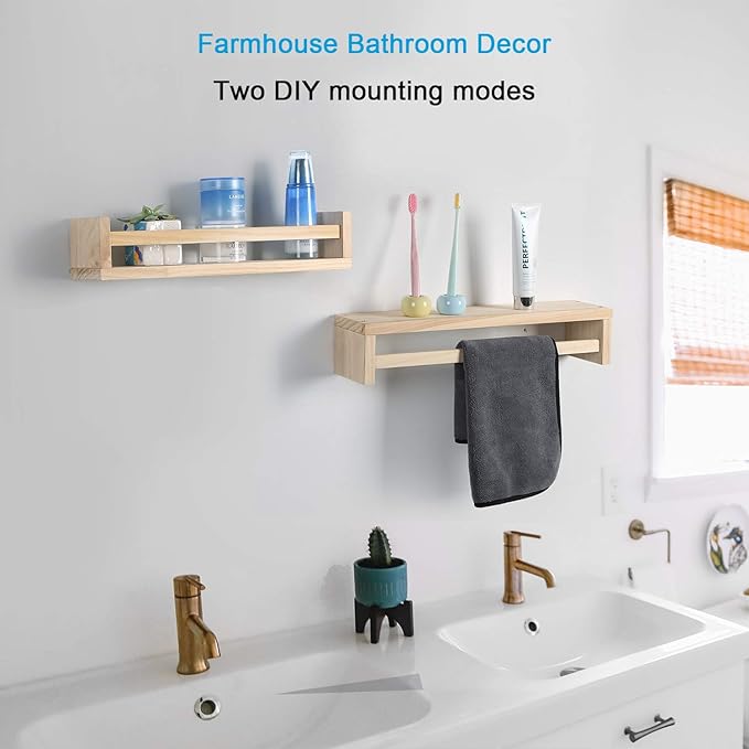 JORIKCHUO Nursery Book Shelves, Set of 2 Wood Floating Book Shelves for Kids Room, Kitchen Spice Rack, or Rustic Wall Mounted Shelves for Farmhouse Bathroom Décor (Natural Wood)