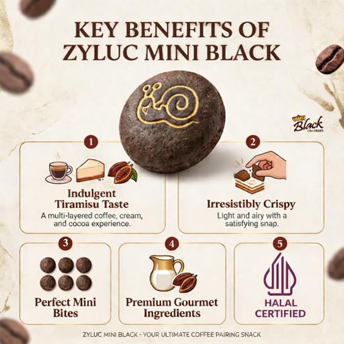Zyluc Mini Black Crackers – Tiramisu Flavored Snack with Coffee Cocoa Blend – 35g Portable Pack – Light Crunch, Halal Certified, Made with Non-GMO Ingredients – Product of Indonesia – Pack of 10