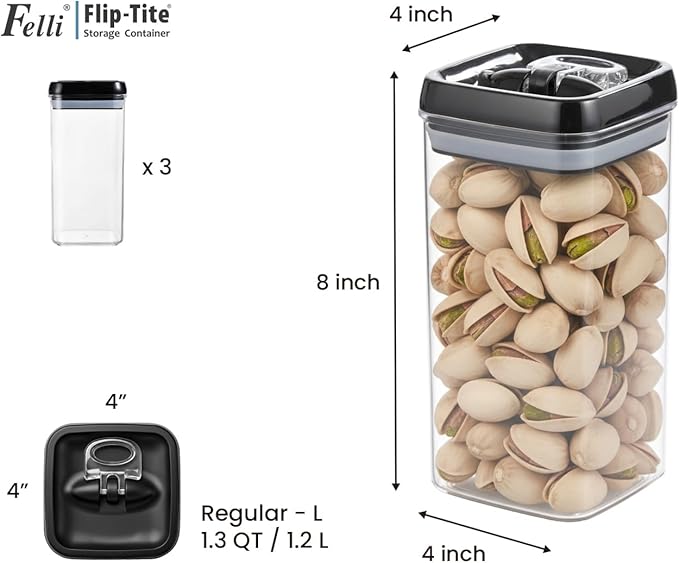 Felli Flip Tite Food Storage Container with Lid Airtight 4" Ring Seal Flip Top, Stackable Acrylic Canister Jar for Pantry Kitchen Counter, Snack Coffee Bean Granola Pet Treats Cracker Holder (1.2 L)