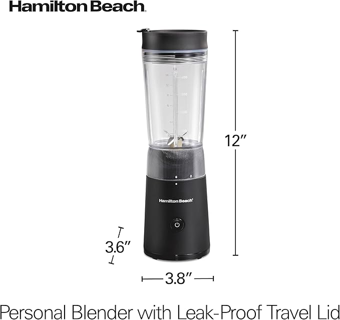 Beach Personal Blender With Leak-Proof Travel Lid - 14 oz. Jar - Black - Stainless Steel - Watts 300 - Personal Blender - 3.94 x 4.13 x 12.20 Inches