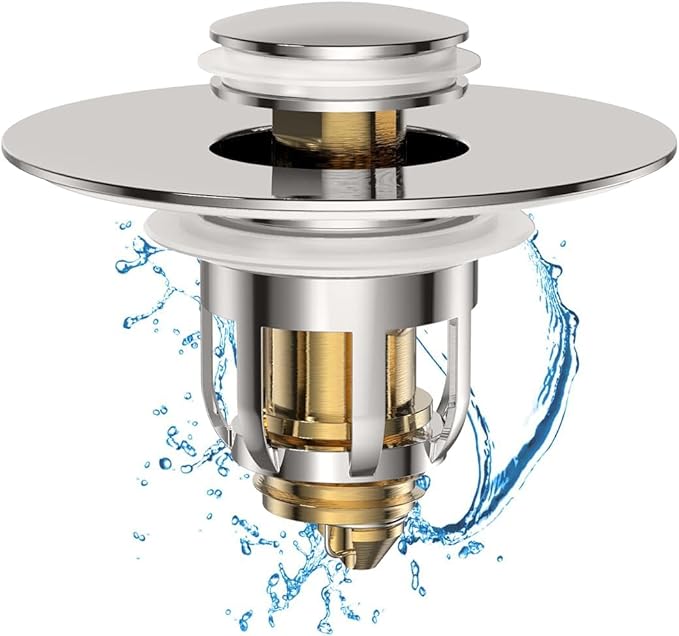 Universal 2 in 1 Bathroom Sink Stopper, Pop Up Bathroom Sink Drain Strainer with Anti-Clogging Filter Basket, Bathroom Drain Stopper Sink Plug for 1.06"-1.65" Basin Drain Holes, Brushed Nickel