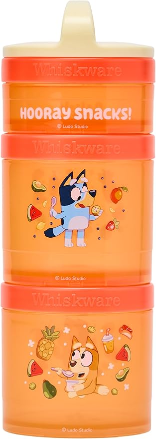 Whiskware Bluey Stackable Snack Containers for Babies, Toddlers, and Kids, 3 Stackable Snack Cups for School and Travel, Cupholder Friendly, Bluey and Bingo! Hooray Snacks!