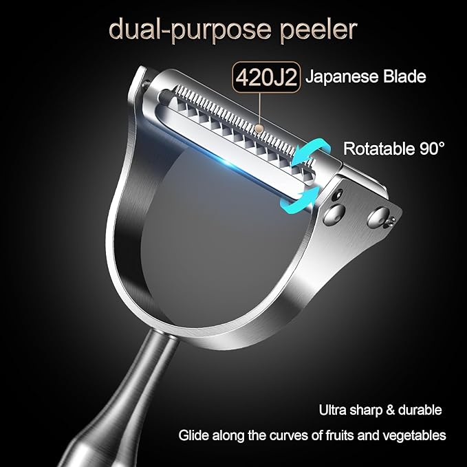 Stainless Steel Vegetable Peeler, 2-in-1 Multi-Function Design,Various Fruits and Vegetables/Straight-edge blades for peeling/Serrated blades for Julienne/Silver (Upgraded Version)